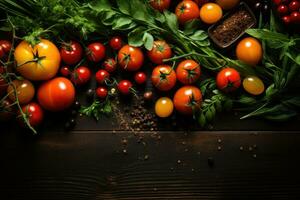 mat bakgrund. topp se av oliv olja, tomater, örter och kryddor på rustik svart skiffer. foto