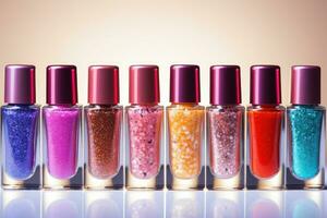 grupp färgad nagel polerar. uppsättning av dekorativ kosmetika för kropp vård. foto
