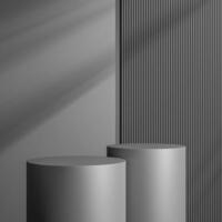 elegant svart cylinder stå för produkt placering mockup. mörkmetall podium utställning scen bakgrund. minimal plattform utställningslokal med skugga. foto