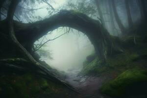 mysterium skog dimma. generera ai foto