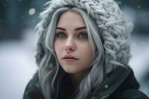 flicka grå hår snö. generera ai foto