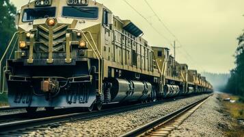 järnväg äventyr en modern tåg med en strålkastare och en dimmig bakgrund ai genererad foto