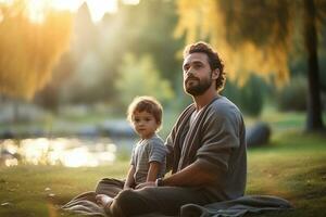 en medelålders man med en ung son meditera i de parkera foto