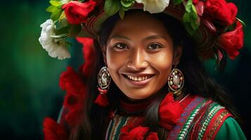 skön ung peruvian kvinna i festlig nationell kläder, leende. ai genererad. foto