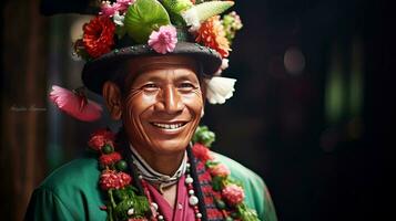 peruvian man i festlig nationell kläder, leende. ai genererad. foto