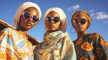 tre afrikansk kvinnor i traditionell huvudbonader och klänningar tillverkad av ljus tyger. ai genererad. foto