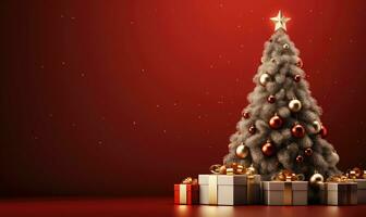 jul träd med presenterar på röd bakgrund . ai genererad foto