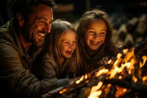 familjer samla runt om en bål fyllning de knaprig luft med skratt och de arom av rostad marshmallows under höst dagjämning fester foto