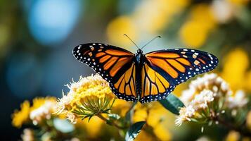 en närbild skott av en enda monark fjäril uppflugen på en blomning blomma bakgrund med tömma Plats för text foto