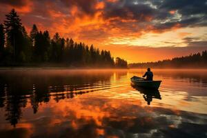 en lugn silhuett av en fiskare gjutning hans linje in i en vibrerande solnedgång reflekterande de skönhet av höst på lugna sjöar foto