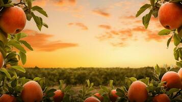en värma solnedgång över en spretig äpple fruktträdgård bakgrund med tömma Plats för text foto
