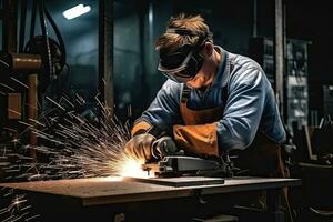 industriell arbetstagare bär skyddande Kläder och mask svetsning metall i fabrik. generativ ai foto