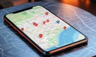 pekande smartphone med gps navigering och Karta ikoner på suddig väg abstrakt bakgrund . ai genererad foto