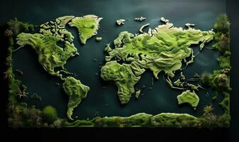 grön mossa täckt planet jord geografisk Karta . ai genererad foto