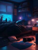 rörig sovrum på natt med svart katt illustration foto