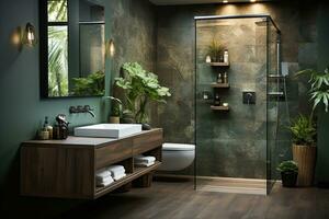 interiör av modern badrum med mörk grå väggar, trä- golv, bekväm vit badkar med handdukar och grön växter. generativ ai foto