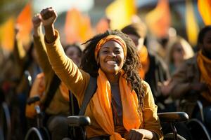 porträtt av Lycklig afrikansk amerikan kvinna i rullstol med Uppfostrad händer på demonstration ai generativ foto