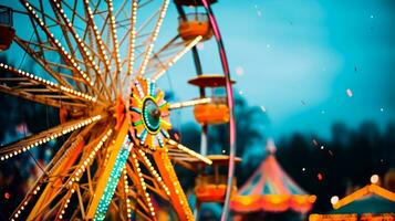 en färgrik och lysande ferris hjul i rörelse en festlig och roligt natt se av en munich karneval ai generativ foto