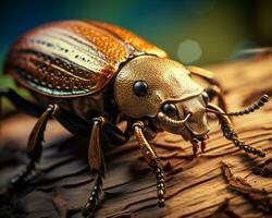 en härlig scarab skalbagge på en texturerad träd bark en makro Foto av ett Fantastisk insekt med vibrerande färger och detaljer. natur mångfald och elasticitet ai generativ