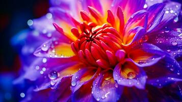 lila och rosa dahlia blomma med vatten droppar på kronblad en vibrerande och färsk blommig bild ai generativ foto
