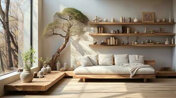 modern lyx rymlig takvåning levande rum interiör design med bekväm soffa, kaffe tabell. generativ ai foto