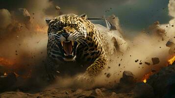 löpning abstrakt tiger med öppen mun i lera och damm foto