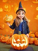 söt liten flicka i halloween kostym med pumpor. foto