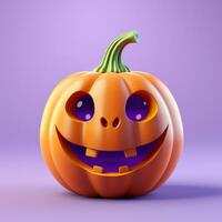 halloween pumpa med ögon och en leende på en ljus lila bakgrund, 3d foto