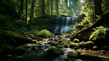 ett förtjusande skog, en cascading vattenfall forsar ner moss-täckt stenar, omgiven förbi höga träd och vibrerande vildblommor, ai generativ foto