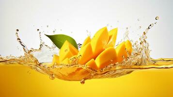 färsk saftig mango med vatten stänk isolerat på bakgrund, friska tropisk frukt, ai generativ foto