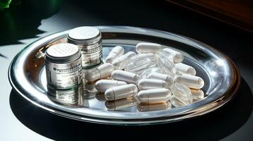 de farmaceutisk drog-medicin piller kapslar i silver- bricka. Begagnade för lindra sjukdom, mat tillägg, topp se, ai generativ foto