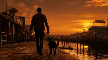 fotografi-siluett av en man gående hans hund på de pir, gyllene timme, ai genererad foto