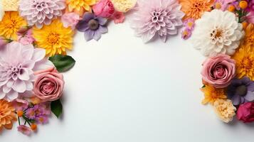 färgrik blomma anordnad på vit bakgrund, kopia Plats, ai generativ foto