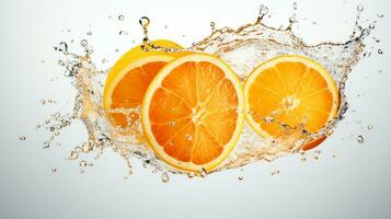 färsk saftig orange frukt med vatten stänk isolerat på bakgrund, friska frukt, ai generativ foto