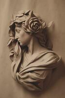 generativ ai, fotorealistisk antik skulptur och blommor, dämpad neutral färger, 3d stil keramisk staty foto