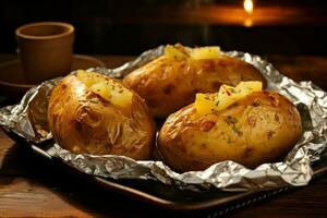 bakad potatisar varelse beredd i en kulinariska ugn. generera ai foto