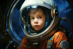 äventyrlig astronaut rymdskepp Plats barn pojke. generera ai foto