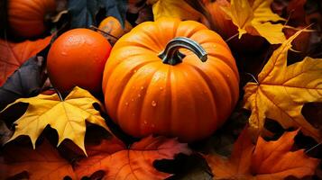 en närbild av en vibrerande orange pumpa omgiven förbi färgrik fallen löv symboliserar de väsen av höst skörda foto