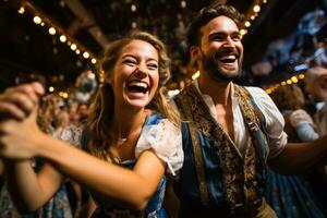 livlig oktoberfest firande fångar de väsen av tysk kultur med glad musik energisk dans och överfyllda öl steins foto