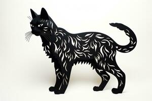 en läskigt svart katt silhuett tillverkad från papper utskärningar gjutning kusligt skuggor mot en vit bakgrund foto