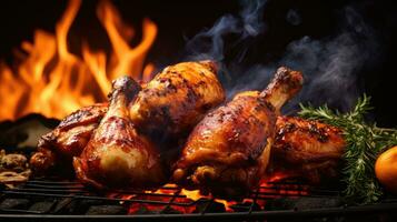 rostad kyckling ben på de grill med lågor och rök, stänga upp foto