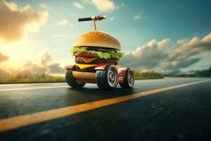 burger leverans. snabb hamburgare bil. ostburgare som snabb mat bil. hamburgare körning på de väg. snabb mat begrepp foto