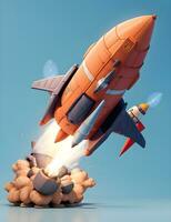 3d tecknad serie stil minimal rymdskepp raket ikon. leksak raket uppgång , spyr rök. börja, Plats, företag begrepp. foto