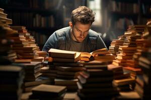 en man sitter och läser en bok i en bibliotek foto