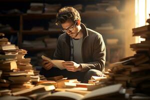 en man sitter och läser en bok i en bibliotek foto