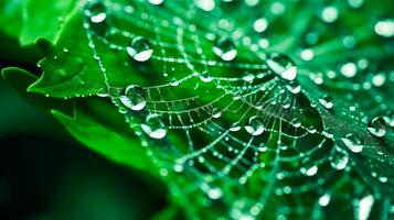 daggig spindelnät en makro skott av en våt webb på en blad med ljus droppar och vener en detaljerad och lugn bild av en spindelnät ai generativ foto