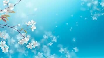 vit körsbär blommor på en gren med ljus blå bokeh effekt ai generativ foto