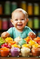 en närbild Foto av en Lycklig bebis påfrestande en mängd av färgrik och näringsrik vegan och vegetarian puréer