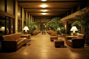 hotell lobby med Västra stil möbel profesional fotograpi ai genererad foto