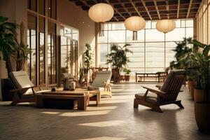 hotell lobby med japansk stil möbel profesional fotograpi ai genererad foto
